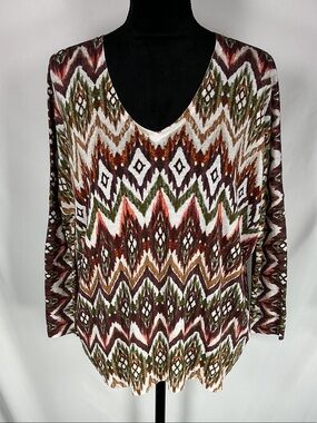 Notshy NWT Ikat Chevron V-Neck Knit Sweater XS/S Brown Olive Pullover LongSleeve